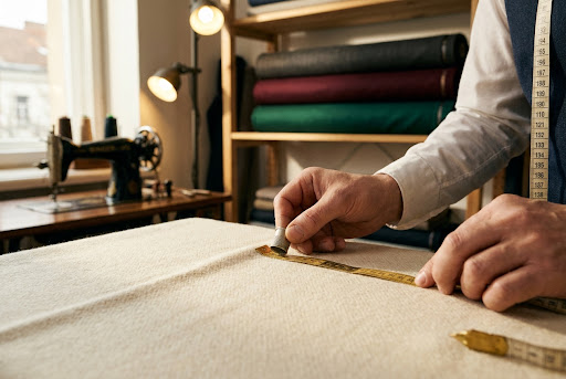 A tailor carefully measuring premium fabric at Asim Brothers' atelier